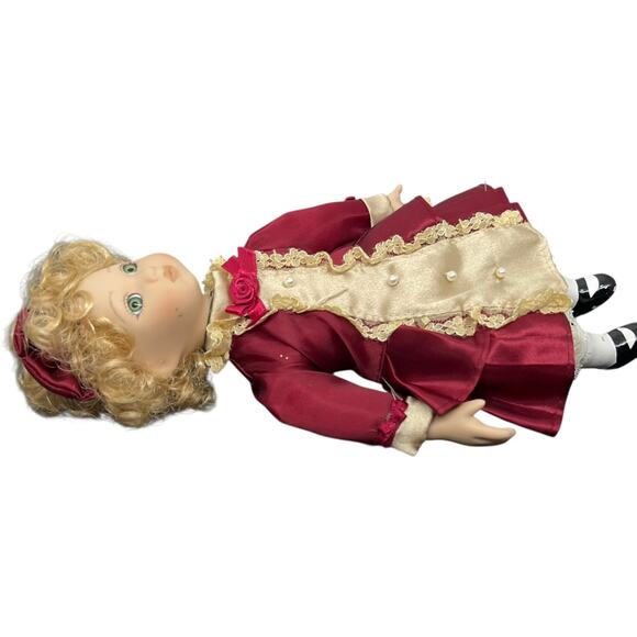 Porcelain Girl Doll in Burgundy Victorian Dress with Blonde Curls - Picture 8 of 11